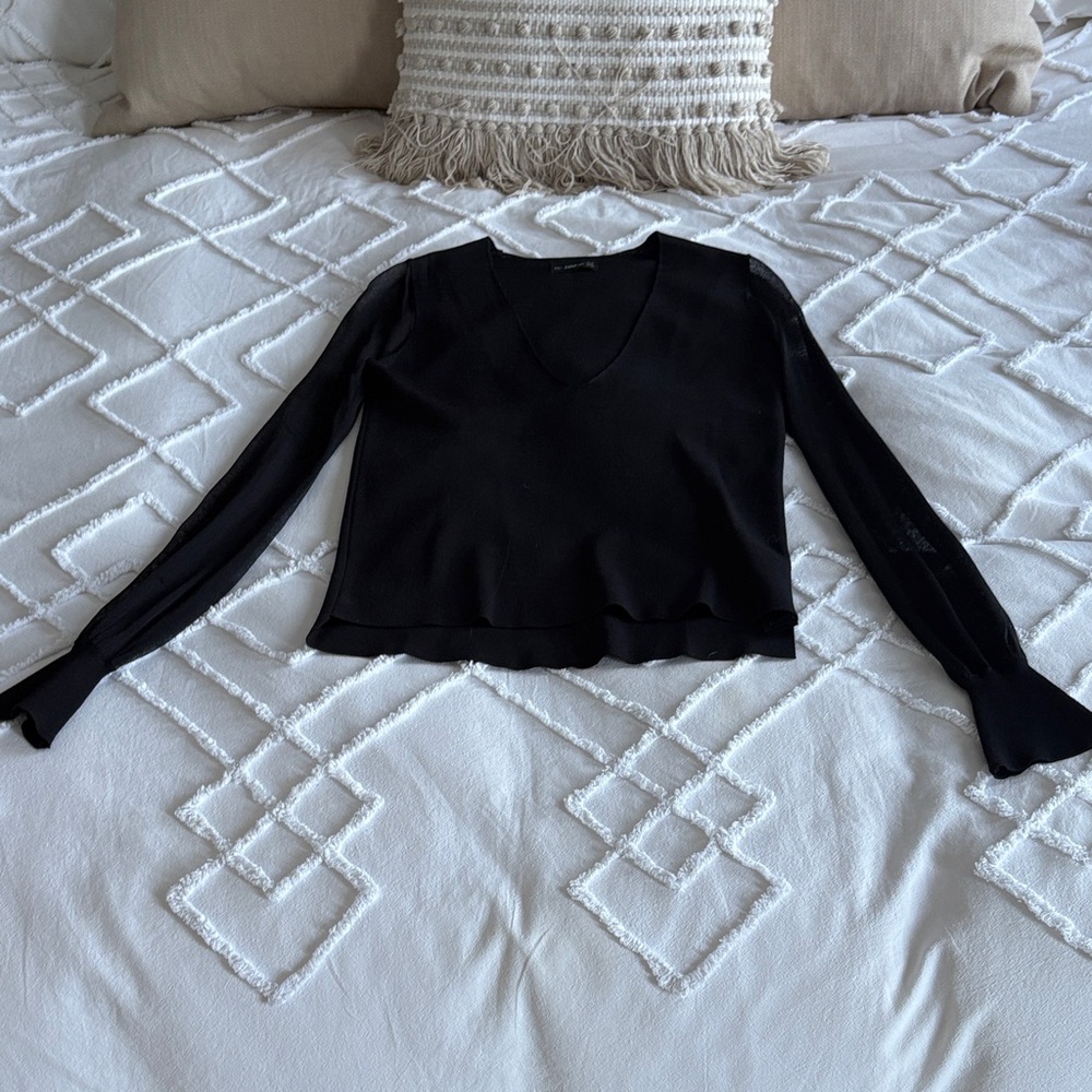 ZARA Elegant Black Women's Top w/ Sheer sleeves